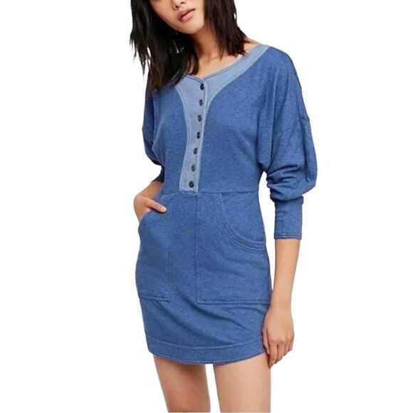Free People Seeking Heart Mini Dress Soft Ocean Blue Button Up Dress Size Small - Picture 11 of 16